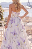 White Purple Flower A Line Ruched Sweep Train Beach Wedding Dress with Slit