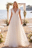 White Floral A Line V-Neck Sweep Train Beach Wedding Dress with Bows