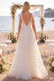 White Floral A Line V-Neck Sweep Train Beach Wedding Dress with Bows