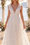 White Floral A Line V-Neck Sweep Train Beach Wedding Dress with Bows