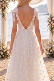 White Floral A Line V-Neck Sweep Train Beach Wedding Dress with Bows