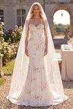 White Red Flower Mermaid Sweep Train Corset Beach Wedding Dress with Veils