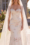 White Red Flower Mermaid Sweep Train Corset Beach Wedding Dress with Veils