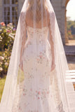 White Red Flower Mermaid Sweep Train Corset Beach Wedding Dress with Veils