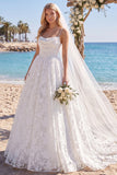 White Lace Floral A Line Sweep Train Ruched Beach Wedding Dress with Veils
