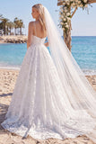 White Lace Floral A Line Sweep Train Ruched Beach Wedding Dress with Veils