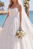White Lace Floral A Line Sweep Train Ruched Beach Wedding Dress with Veils