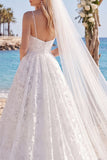 White Lace Floral A Line Sweep Train Ruched Beach Wedding Dress with Veils