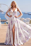 White Purple Flower V-Neck A Line Sweep Train Beach Wedding Dress with Veils