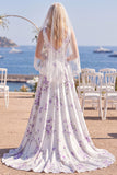 White Purple Flower V-Neck A Line Sweep Train Beach Wedding Dress with Veils