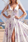White Purple Flower V-Neck A Line Sweep Train Beach Wedding Dress with Veils
