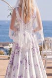 White Purple Flower V-Neck A Line Sweep Train Beach Wedding Dress with Veils