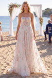 Sparkly White Pink Flower Strapless A Line Sweep Train Wedding Dress with Veils