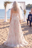 Sparkly White Pink Flower Strapless A Line Sweep Train Wedding Dress with Veils
