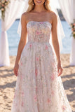 Sparkly White Pink Flower Strapless A Line Sweep Train Wedding Dress with Veils