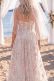 Sparkly White Pink Flower Strapless A Line Sweep Train Wedding Dress with Veils