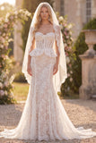 White Floral Lace Mermaid Ruffled Sweep Train Corset Boho Wedding Dress with Veils