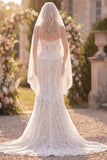 White Floral Lace Mermaid Ruffled Sweep Train Corset Boho Wedding Dress with Veils