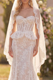 White Floral Lace Mermaid Ruffled Sweep Train Corset Boho Wedding Dress with Veils