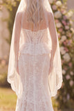 White Floral Lace Mermaid Ruffled Sweep Train Corset Boho Wedding Dress with Veils