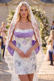 White Purple Flower Lace Ruched Strapless Tight Short Wedding Dress with Veils