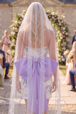 White Purple Flower Lace Ruched Strapless Tight Short Wedding Dress with Veils