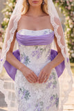 White Purple Flower Lace Ruched Strapless Tight Short Wedding Dress with Veils