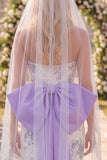 White Purple Flower Lace Ruched Strapless Tight Short Wedding Dress with Veils