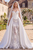 Floral White Beaded Corset Mermaid Sweep Train Wedding Dress with Veils