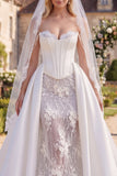 Floral White Beaded Corset Mermaid Sweep Train Wedding Dress with Veils