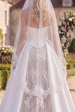 Floral White Beaded Corset Mermaid Sweep Train Wedding Dress with Veils