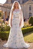 White Green Flower 2 Piece Boat Neck Sweep Train Wedding Dress with Veils
