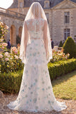 White Green Flower 2 Piece Boat Neck Sweep Train Wedding Dress with Veils