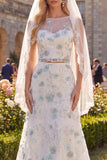White Green Flower 2 Piece Boat Neck Sweep Train Wedding Dress with Veils