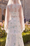 White Green Flower 2 Piece Boat Neck Sweep Train Wedding Dress with Veils