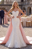 Sparkly White Floral Sweetheart Mermaid Sweep Train Wedding Dress with Cape