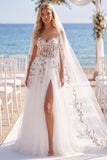 White Pink Flower Tulle A Line Embroidered Corset Sweep Train Wedding Dress with Veils