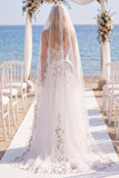 White Pink Flower Tulle A Line Embroidered Corset Sweep Train Wedding Dress with Veils