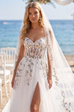 White Pink Flower Tulle A Line Embroidered Corset Sweep Train Wedding Dress with Veils