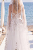 White Pink Flower Tulle A Line Embroidered Corset Sweep Train Wedding Dress with Veils