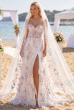 White Pink Flower Sweetheart A Line Sweep Train Corset Wedding Dress with Veils