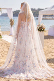 White Pink Flower Sweetheart A Line Sweep Train Corset Wedding Dress with Veils