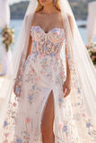 White Pink Flower Sweetheart A Line Sweep Train Corset Wedding Dress with Veils