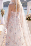 White Pink Flower Sweetheart A Line Sweep Train Corset Wedding Dress with Veils