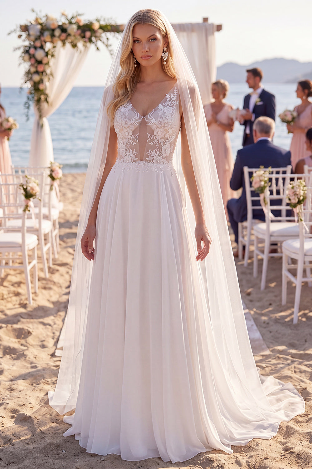 wedding dresses with long trains and veils Wedtrend Women Ivory Bridal Dress A Line Sweetheart Fringe Chapel Train Wedding Dresses With Long Sleeves, Ivory / US22W