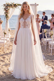 White Floral Chiffon A Line V-Neck Sweep Train Keyhole Beach Wedding Dress with Veils