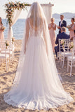 White Floral Chiffon A Line V-Neck Sweep Train Keyhole Beach Wedding Dress with Veils