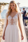 White Floral Chiffon A Line V-Neck Sweep Train Keyhole Beach Wedding Dress with Veils