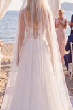 White Floral Chiffon A Line V-Neck Sweep Train Keyhole Beach Wedding Dress with Veils