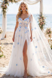 White Blue Flower Beaded A Line Sweep Train Corset Wedding Dress with Veils